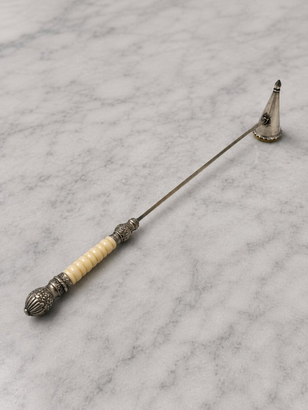 Antique Victorian Silver Plate & Bovine Bone Candle Snuffer 16.5" ca. 1900